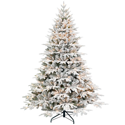 6.5ft Pre-Lit Flocked Artificial Christmas Tree with 2225 Branch Tips 450 Warm White Lights Snowy Hinged Pine Memory Wire Branches Foldable Stand
