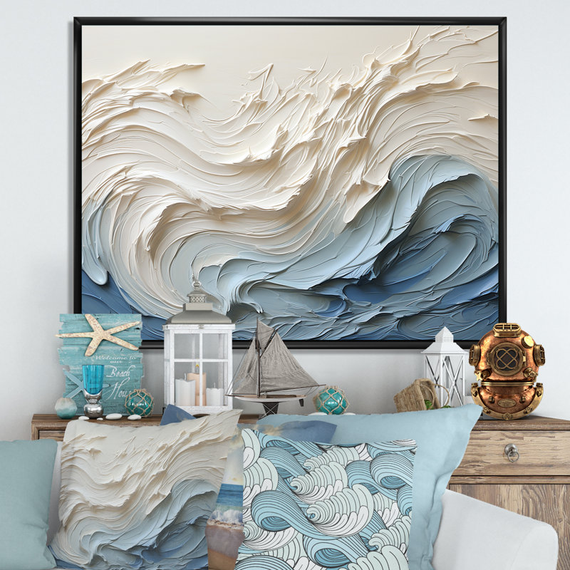 «White and Blue Wave Papercut Style - Coastal Waves», reproduction d'art sur toile (sans texture), H 24 po x l 32 po, Noir