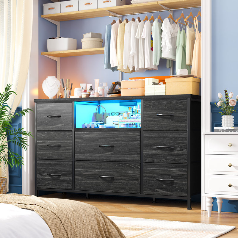 Commode pour chambre à coucher avec lumières à DEL et prises de courant, commodes pour chambre à coucher avec 8 tiroirs, commode télé pour chambre à coucher