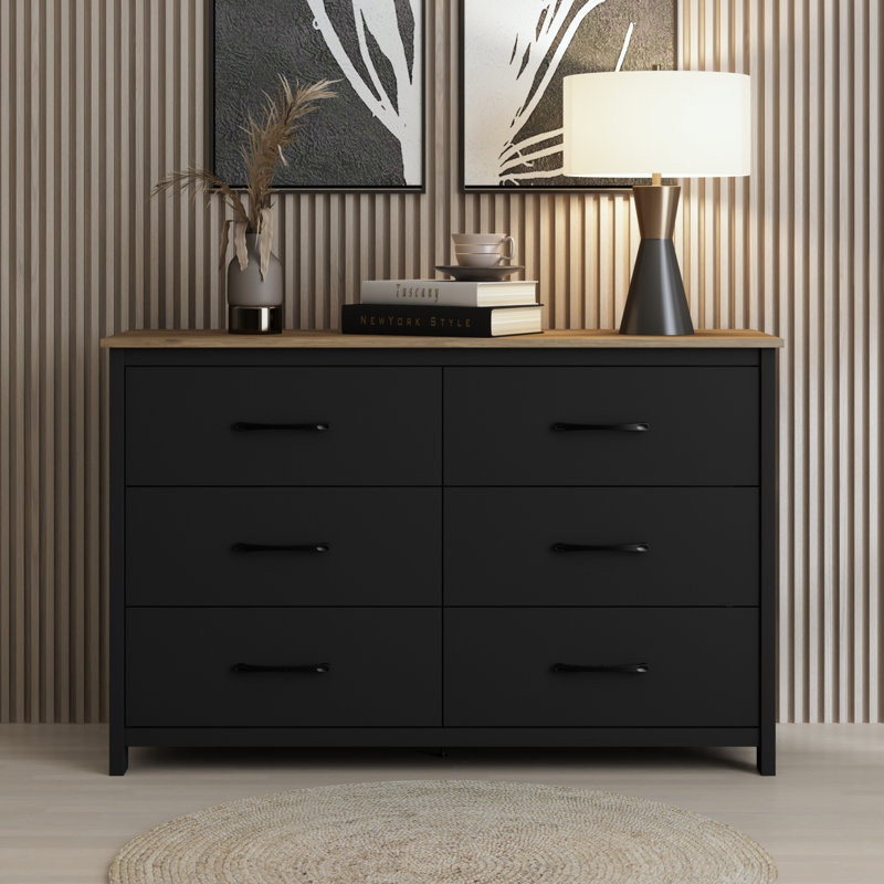 Allysyn 6 Drawer Dresser, Black/Knotty Oak