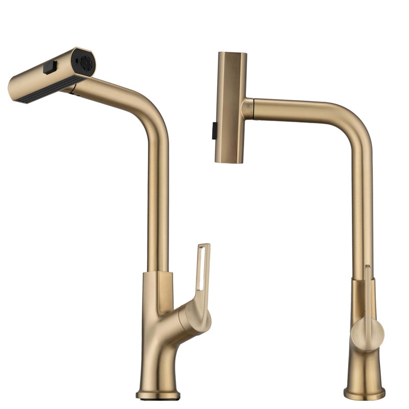 360° Rotating Single Handle Kitchen Sink Waterfall Faucet with Pull Down Sprayer (Only 1 Faucet), Brushed Gold