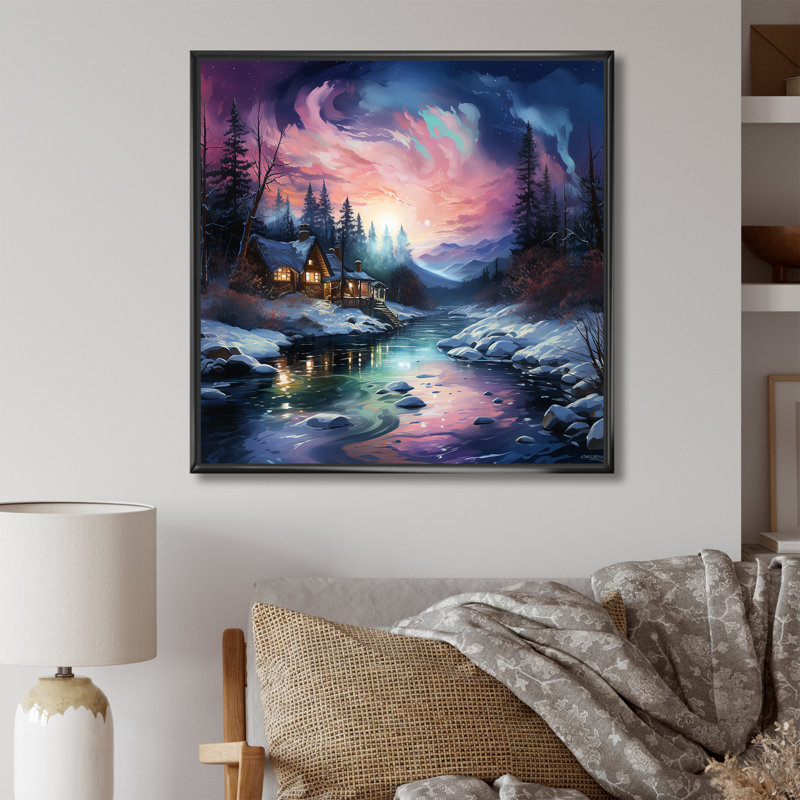 Aurore boréale, paysage d'hiver, Cadre flottant noir, H 16 po x l 16 po x P 1 po