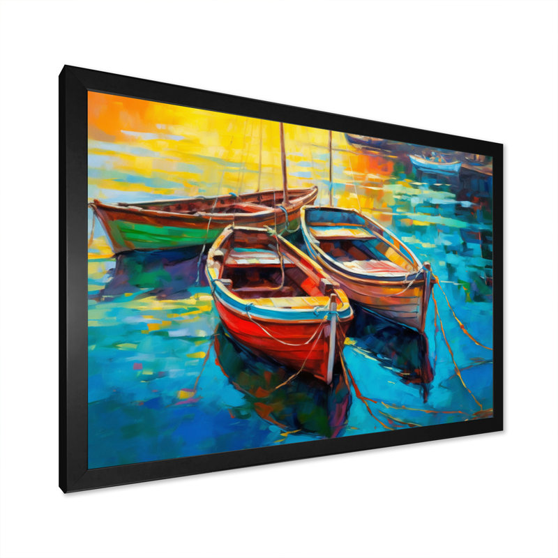 Trois bateaux dans le port I - impression sur toile Coastal Port, Cadre noir, H 24 po x l 32 po x P 1 po