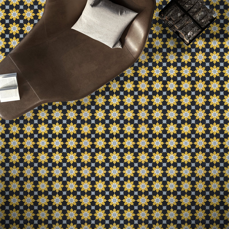 Ahfir 8" x 8" Cement Singular Wall & Floor Tile, Black/Yellow/Gray
