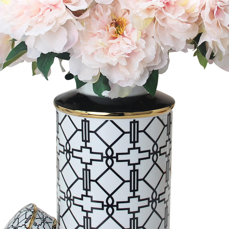 Elegant Ceramic Ginger Jars with Geometrical Design and Removable Lid, Black