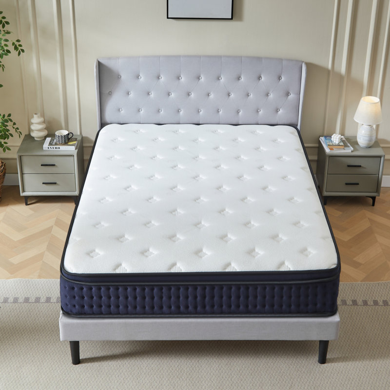 Matelas hybride mi-ferme 12 po avec mousse viscoélastique imprégnée de gel rafraîchissant et ressorts ensachés, compatible avec lit réglable, coffre-fort certifié, soulagement de la pression, isolement de mouvement, respirant et sans fibre de verre, grand format, matelas dans une boîte