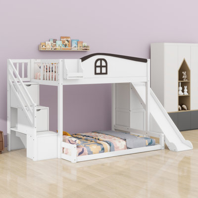All-in-One Bunk Bed with Storage Staircase, Slide, Shelf & Wardrobe