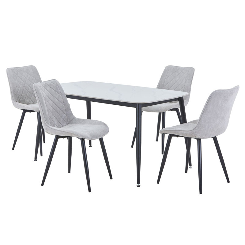 Aspen Sintered Stone Rectangular Table with 4 Diamond Stitch Upholstered Fabric Chairs - Modern Dining Set, Light Grey