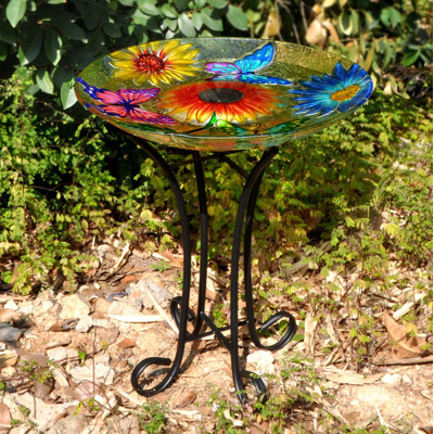 Solar Floral Glass Butterfly Bird Bath with Stand