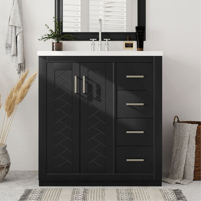 Ensemble de meuble-lavabo 30 po avec lavabo en céramique, armoire de rangement en bois massif, ensemble de meuble-lavabo autoportant avec 3 tiroirs et portes à fermeture douce