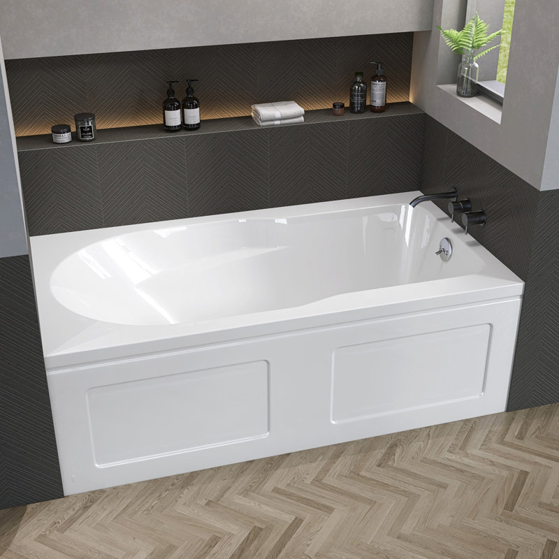 60" W X 32'' D Alcove Acrylic Bathtub Drop-in Soaking Tub 3-Wall White Bathroom Tub with Built-in Armrests & Right Drain
