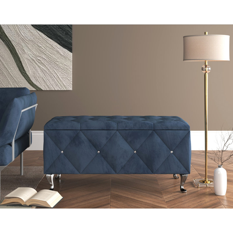 Banc de rangement rembourré Carnes, H 18,9 po x l 42 po x P 18,3 po, Bleu