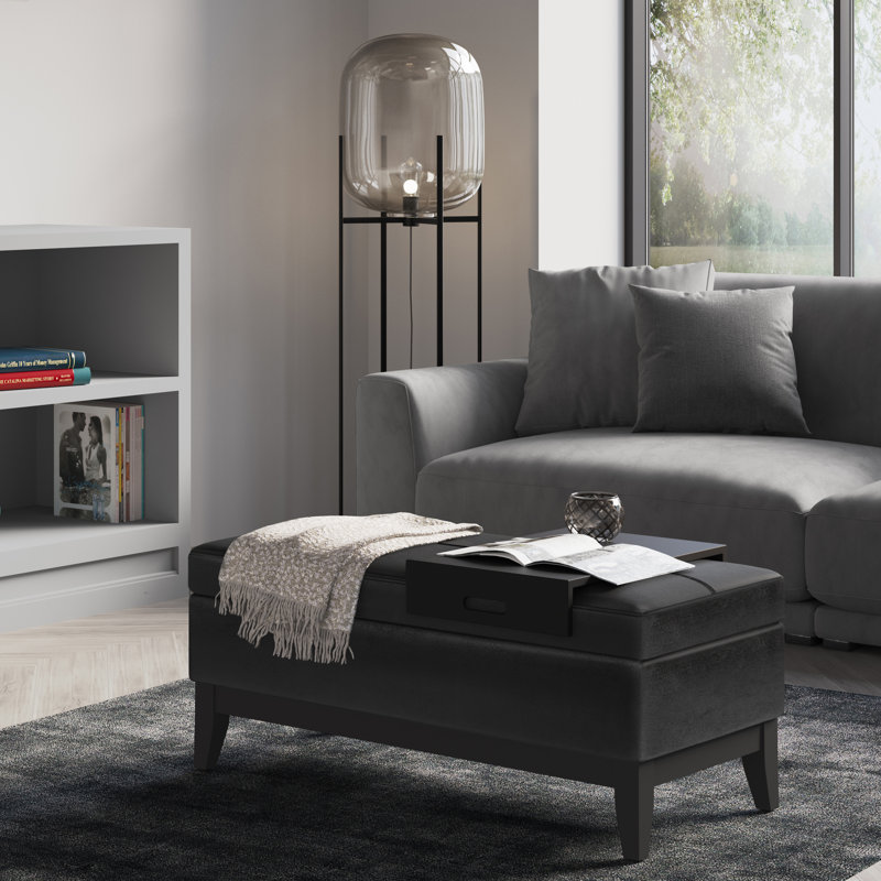 Oregon 42"W Upholstered Vegan Leather Contemporary Rectangular Lift-Up Storage Ottoman Bench with Tray and Hidden Storage