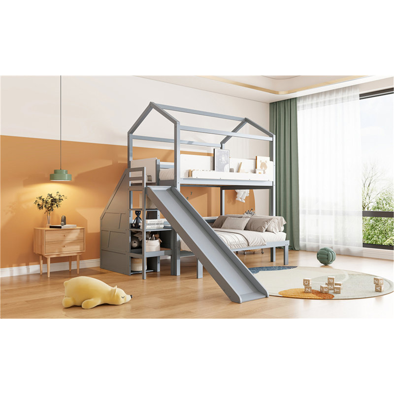 Lit superposé en bois en forme de maison avec glissière et escalier de rangement, Gris / Blanc