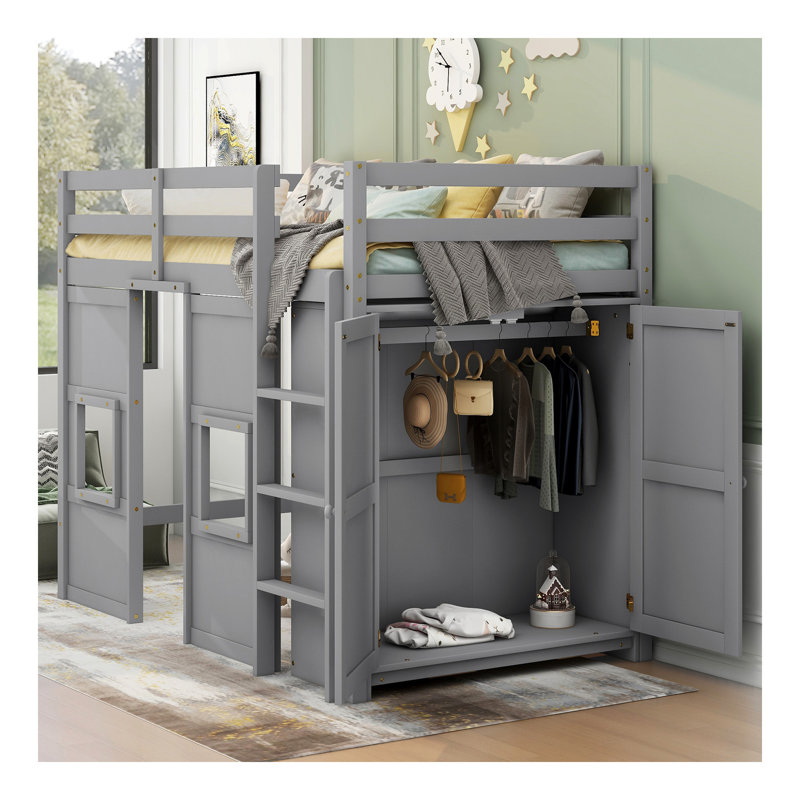 Lit mezzanine en bois avec garde-robe de rangement intégré et 2 fenêtres, gris