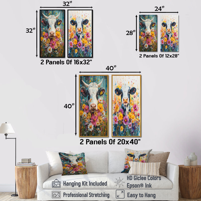 Cow Cow Daisies With Hibiscus I - Collection d'art sur toile 2 animaux, H 40 po x l 41 po, Cadre flottant brun