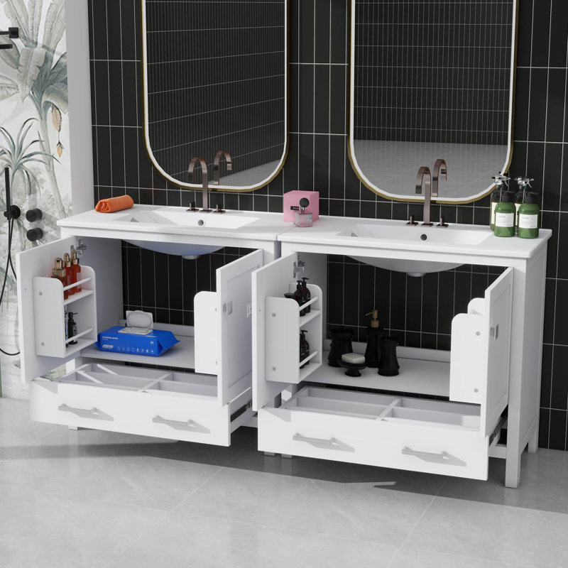 Ensemble de meuble-lavabo élégant avec lavabos en céramique et tiroirs cloisonnés, Blanc, 72", Ensemble central de 4 po