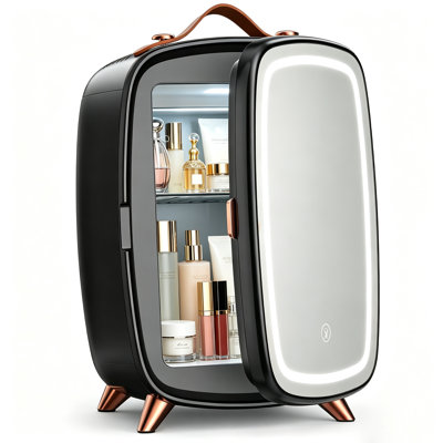 Mini réfrigérateur à soin de la peau 6L avec miroir à DEL à intensité variable Electactic, réfrigérateur à cosmétiques avec poignée en cuir, petit réfrigérateur à 8 canettes pour produits de beauté, soins de la peau et boissons, pour chambre à coucher, noir
