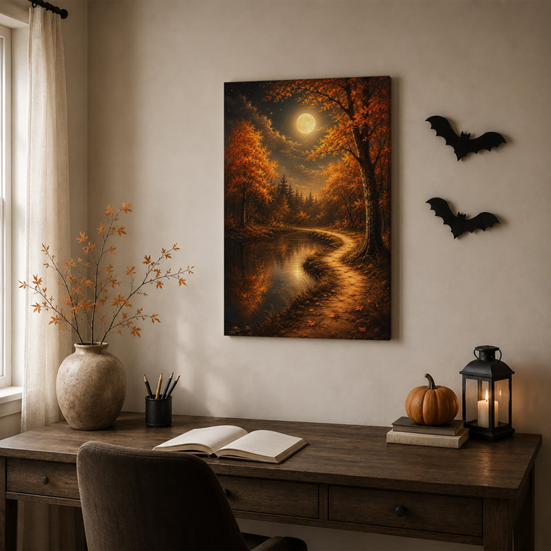 «Glowing Autumn Trees long Winding River Path Halloween», art mural sur toile, H 36 po x l 24 po
