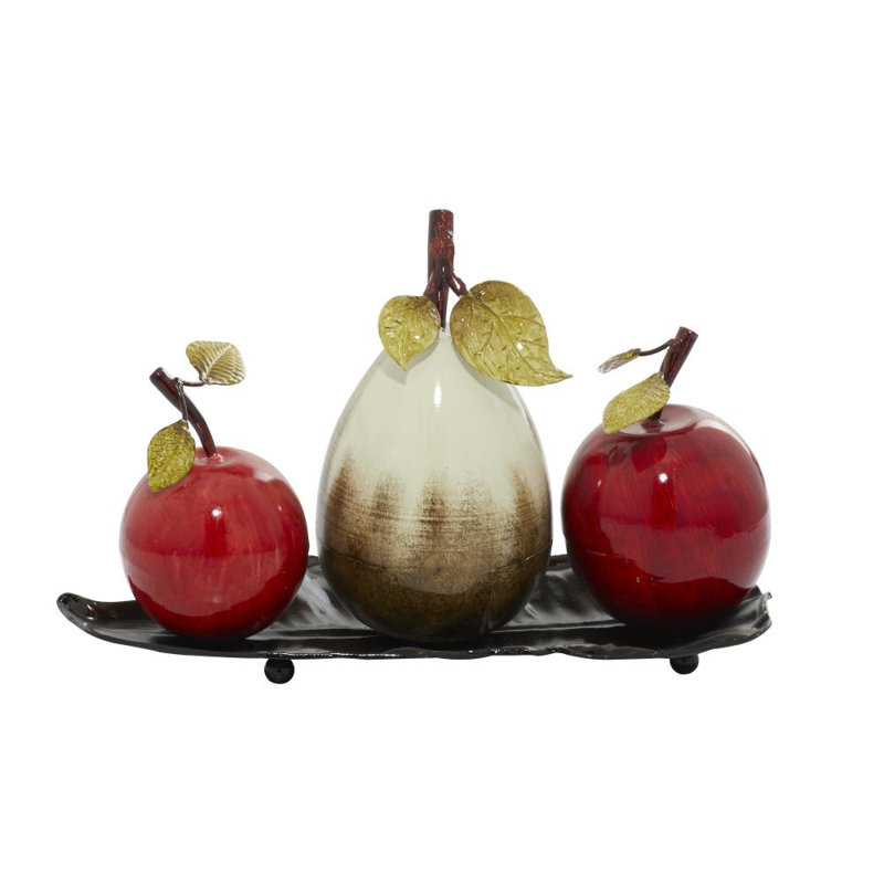 Hicklin Red Metal Fruit Decorative Sculpture with Platter, 18" x 10" x 12", 12" H x 18" W x 10" D, White/Red