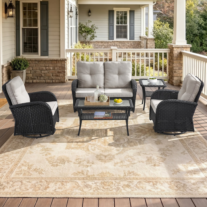 Ensemble de conversation de patio extérieur en résine tressée de 5 pièces, résistant aux intempéries, avec chaises pivotantes