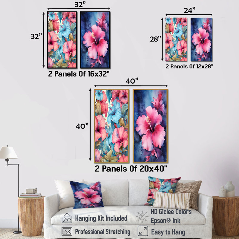 Hibiscus tropical floral - ensemble de 2 décorations murales d'hibiscus, Cadre blanc, H 28 po x l 25 po