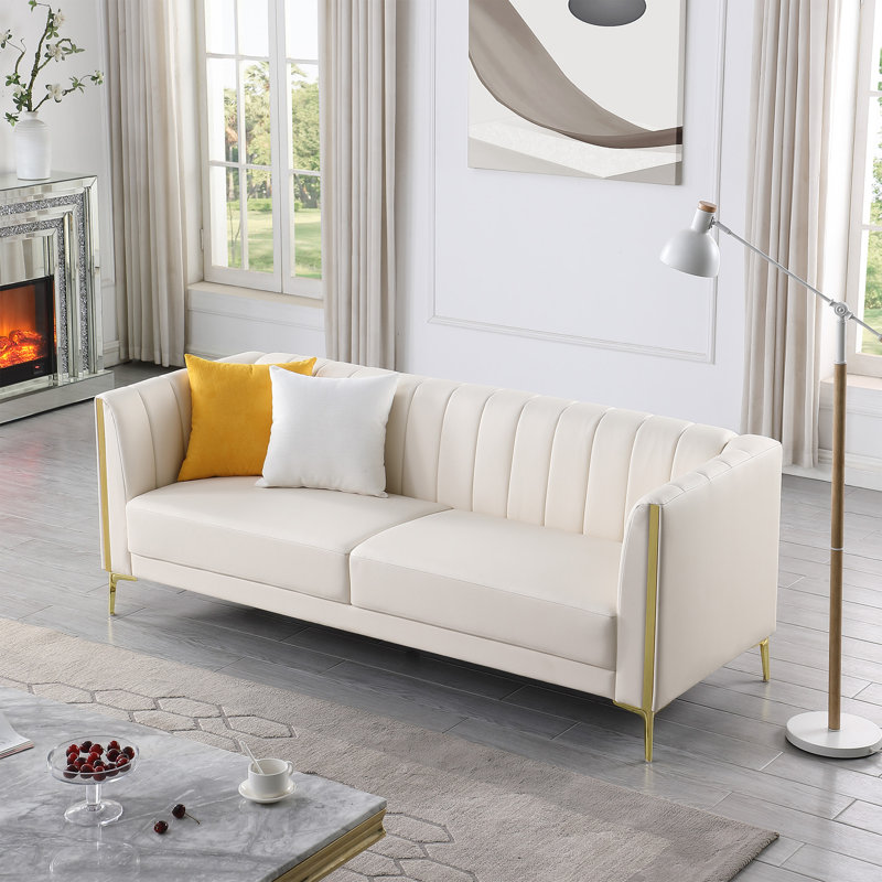 Dreiling 77.6" Faux Leather Tuxedo Arm Sofa, White Performance Faux Leather