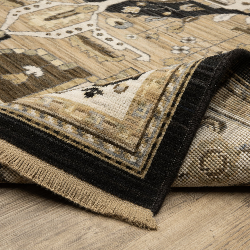 Abena Vintage Center Medallion Tan/ Black Wool Blend Area Rug, Runner 2'6" x 10'