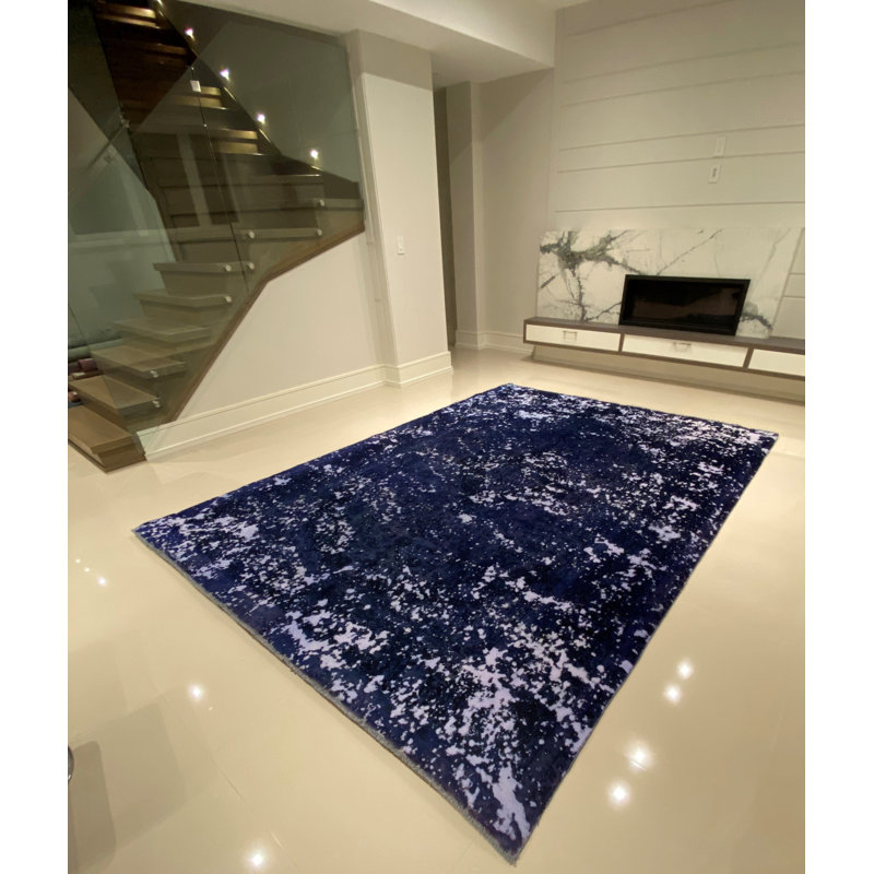 Tapis décoratif en laine bleu marine de conception unique 8 pi 3 po x 11 pi 5 po noué à la main