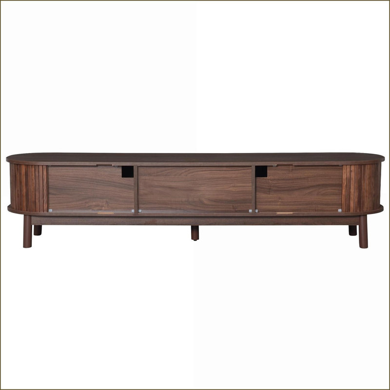 TV Stand, Modern Media Console with Rattan Drawer &amp; Sliding Doors for 75” TVs | Dark Brown | Solid Wood+MDF