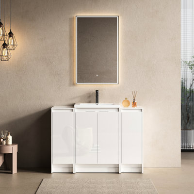 Meuble-lavabo autoportant de 48 po avec lavabo en résine, 2 casiers de rangement, charnières à fermeture douce, contreplaqué blanc brillant, plan de rangement, portes, extension