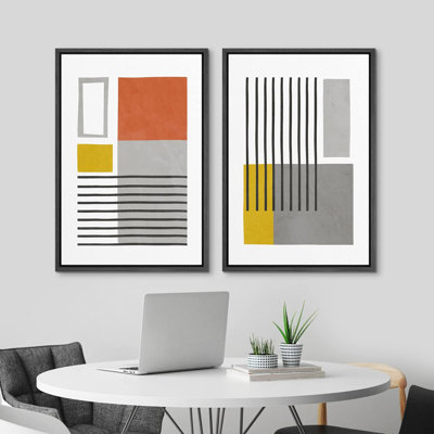Geometric Line Mid-Century Boho Style Multicolor Polygons Abstract Shapes Modern Chic Relax/Calm Framed On Canvas 2 Pieces Print