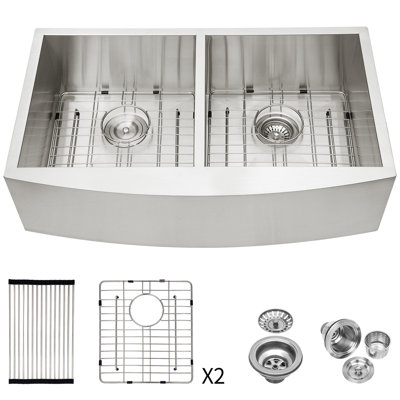 36" X 20" 9" Double Bowl  50/50  Apron Front Kitchen Sink 16 Gauge T304 Stainless Steel, X - Shaped Water Guide For Smooth Drainage, Coating On Outside, Comes With Drain Assembly And Dish Grid 50/50