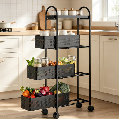 4-Tier Slim Storage Cart With 3 Pull-Out Baskets, Rolling Bathroom Organizer Utility Cart, Metal Shelving Unit With Lockable Wheels, Easy Assembly For Narrow Spaces In Kitchen, Office, Laundry
