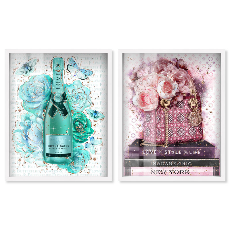 Ensemble de 2 décorations murales Blush Parisian Glam Shadowbox, Cadre blanc, H 21 po x l 17 po