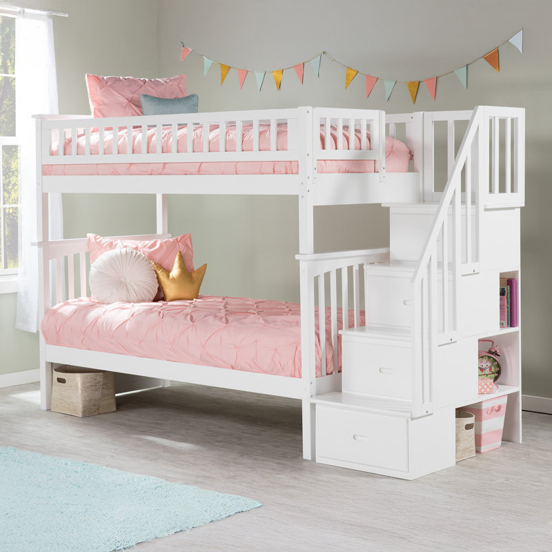 Flinn Kids Solid Wood Staircase Bunk Bed, Twin over Twin, White