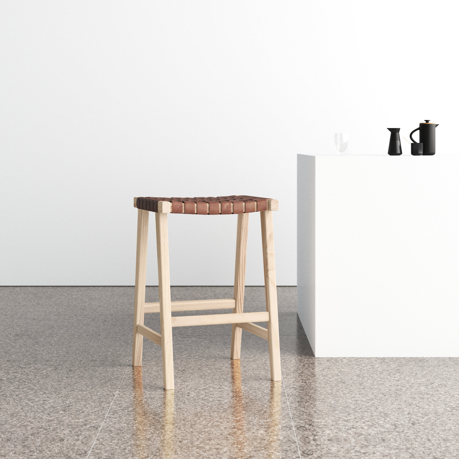 Alston Backless Leather Bar & Counter Stool, Bar Stool (30” Seat Height), Light Natural, Cognac
