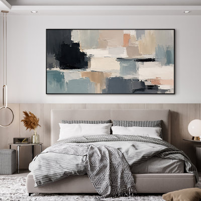 Très grand art mural imprimé sur tissu - Composition abstraite de blocs de couleurs bleus, décor de bureau contemporain - "Assemblage requis du cadre (cadre non fini)"