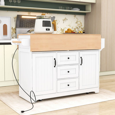 Rolling Expandable Kitchen Island with 2 Drop Leaf, Built-In Power Outlets and Storage Cabient by Lark Manor