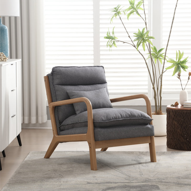 Lechia 25.79" Wide Comfort Linen Upholstered Arm Accent Chair With Lumbar Pillow, Gray Linen