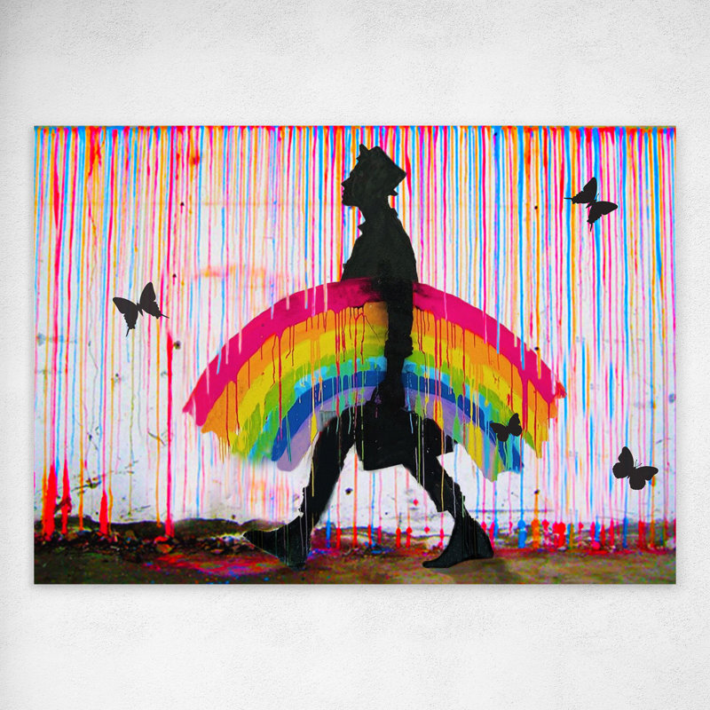 The Rainbow Man, Banksy Style, Canvas, Wall Art, Framed Print - Wrapped Canvas Print, 21" x 31" cm