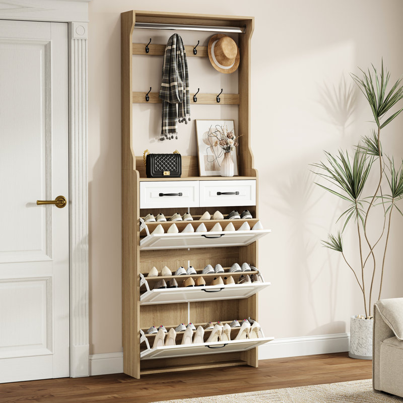 Shoe Storage Cabinet With 3 Doors 2 Drawers - Modern And Functional Large Space Adjustable Shelves Doors,