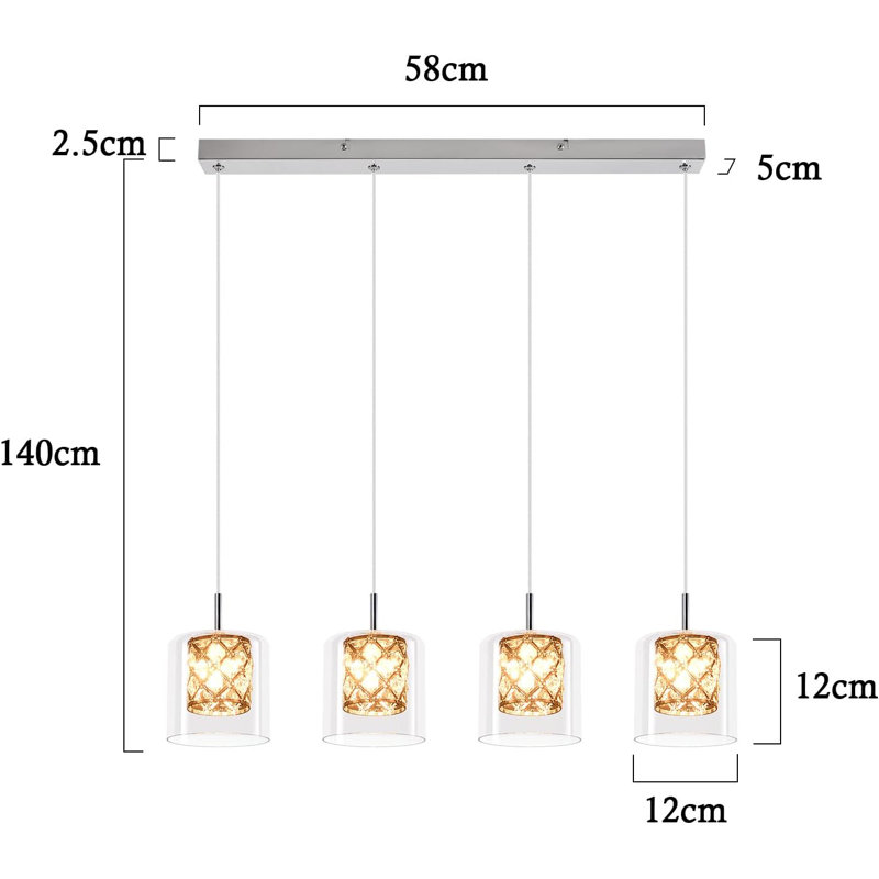 Kitchen Island Pendant 3/4- Light Stainless Stee Cylinder Pendant, 4, 140cm H x 58cm W x 5cm D