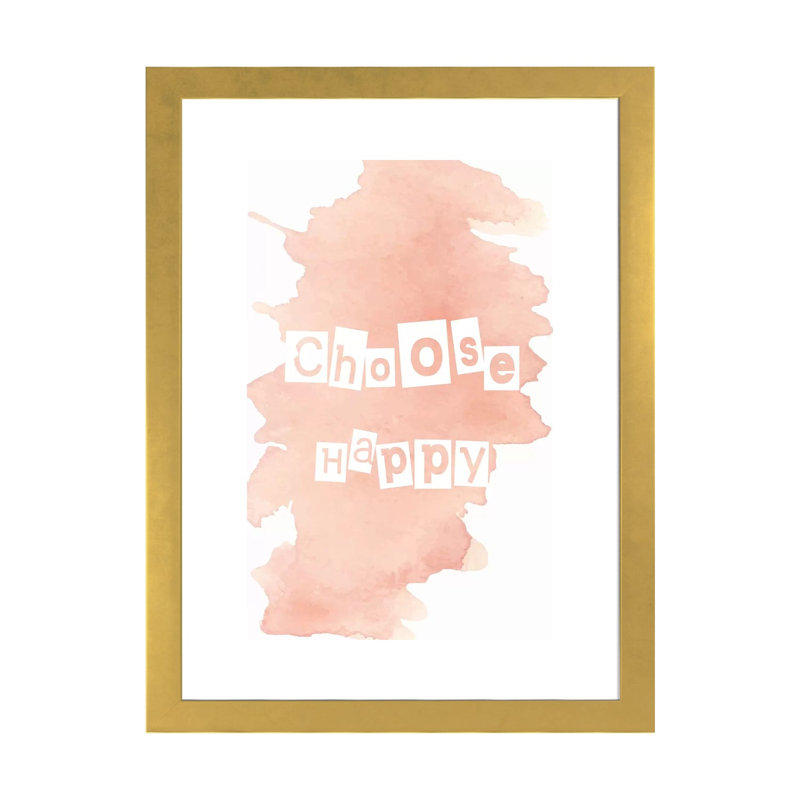 Choisir heureux - impression d'art textuel, H 24 po x l 16 po x P 1 po, Papier encadré doré, Blanc