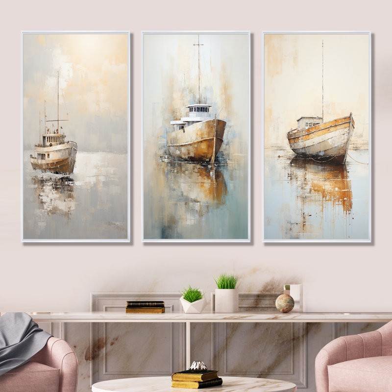 Minimalisme, bateau de pêche, horizon, Cadre flottant blanc, H 32 po x l 48 po