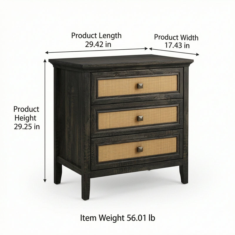 Table de chevet bohème de 74,7 cm de large avec 3 tiroirs – Table d'appoint en rotin, marron café