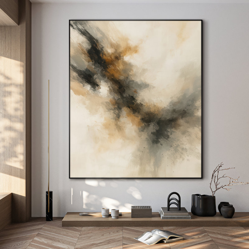 Extra Large Wall Art Fabric Print - Soft Neutral Abstract with Black and Amber Burst Artwork Decor for Living Room or Bedroom - "Frame Assembly Required (Unfinished Frame)"