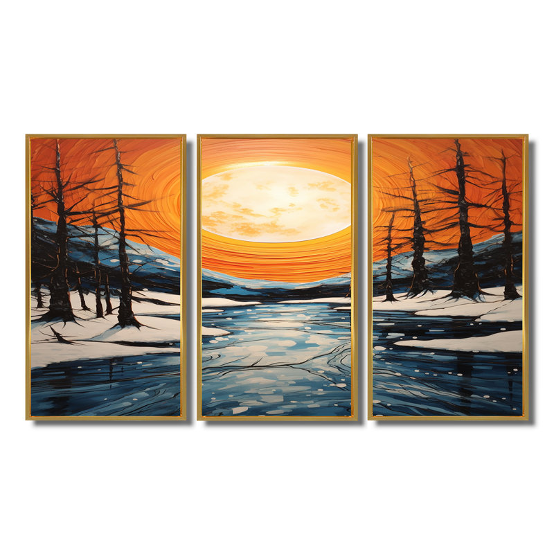 «Bright Bright Shining Sun Over Winter Forest River», ensemble d'art mural paysage abstrait, Cadre flottant doré