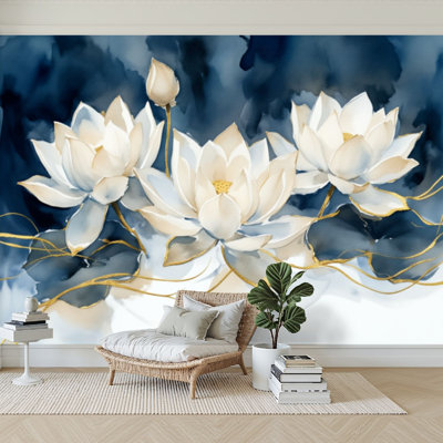 Wall Mural Peel and Stick Wallpaper watercolor painting abstract blue white flowers water lilies leaves Self-Adhesive Removable Contact Paper Wall Decor for Living Room Bedroom 100"H x 144"W