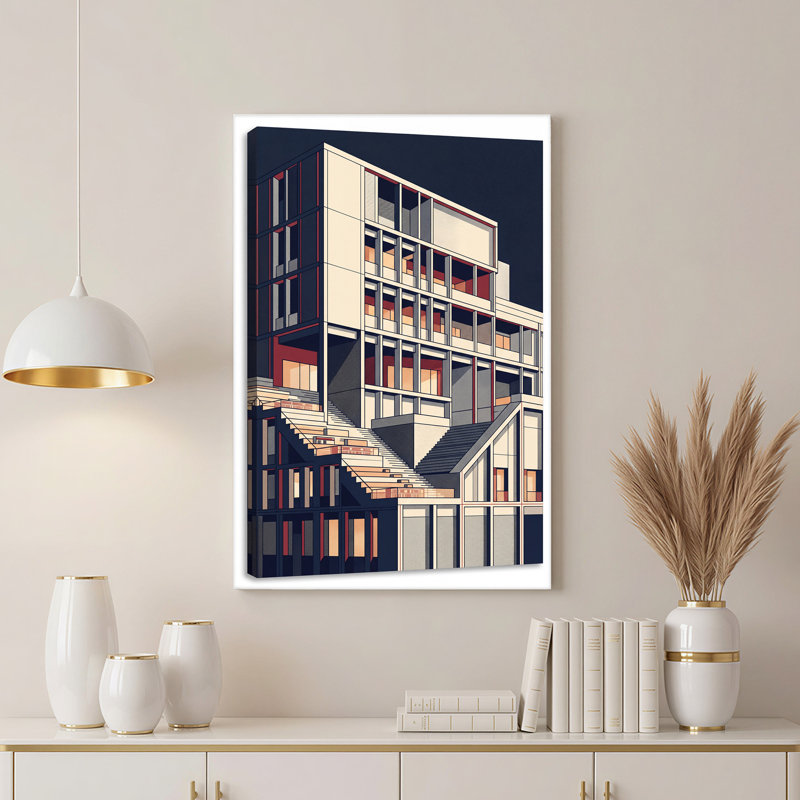 Abstrait bâtiment géométrique sur toile bleu marine, 18"H x 12"W